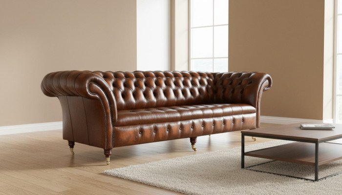 Sofá Chesterfield marrón de cuero acolchado con juego de sofás de 4 plazas.