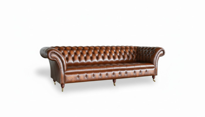 Sofá Chesterfield marrón de cuero acolchado con juego de sofás de 4 plazas.