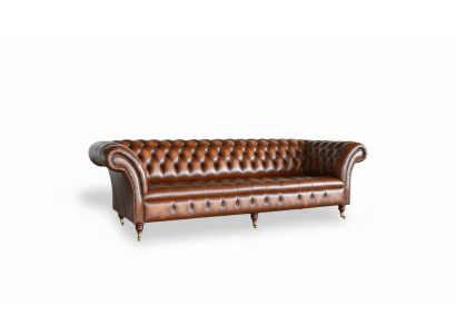Sofá Chesterfield marrón de cuero acolchado con juego de sofás de 4 plazas.