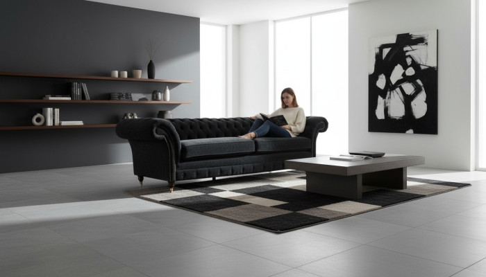 Sofá grande de 4 plazas Chesterfield conjunto de tapicería de cuero y tela negro