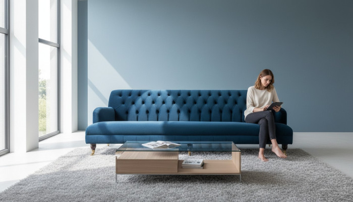 Gran sofá Chesterfield de 250 cm, 4 plazas, tapizado en cuero y tela turquesa.