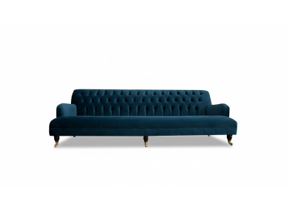 Gran sofá Chesterfield de 250 cm, 4 plazas, tapizado en cuero y tela turquesa.
