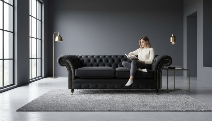Sofá Chesterfield tapizado en tela clásica de color negro, sofá de 3 plazas.