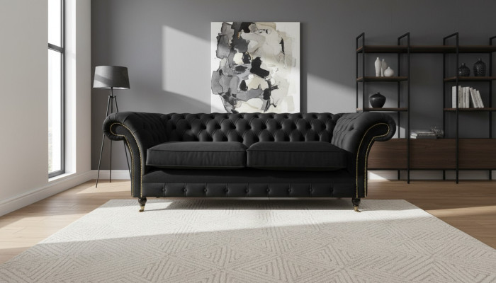 Sofá Chesterfield tapizado en tela clásica de color negro, sofá de 3 plazas.