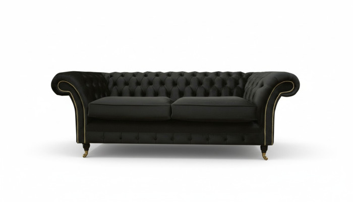 Sofá Chesterfield tapizado en tela clásica de color negro, sofá de 3 plazas.