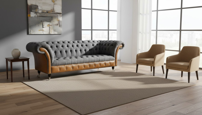 Sofá Chesterfield de tela gris de 3 plazas en tela gris.