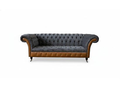 Sofá Chesterfield de tela gris de 3 plazas en tela gris.
