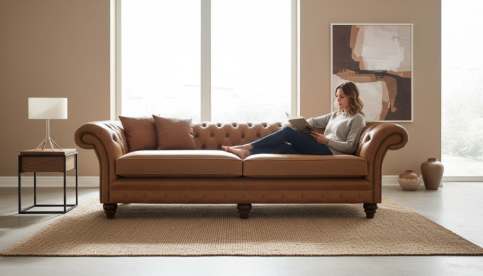 Sofá Chesterfield marrón XXL grande de cuero, muebles de salón de 4 plazas marrón.