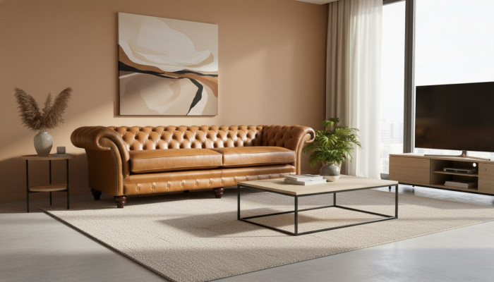 Sofá Chesterfield marrón XXL grande de cuero, muebles de salón de 4 plazas marrón.
