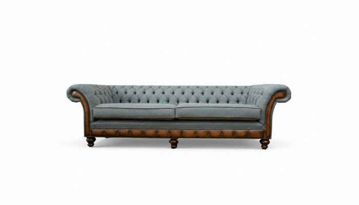Gran sofá XXL de 4 plazas Chesterfield, juego de tapizado de cuero y textil gris.