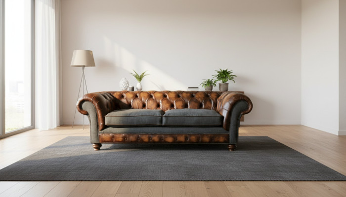 Sofá de diseño de tres plazas, tapizado, para sala de estar marrón de 220 cm.