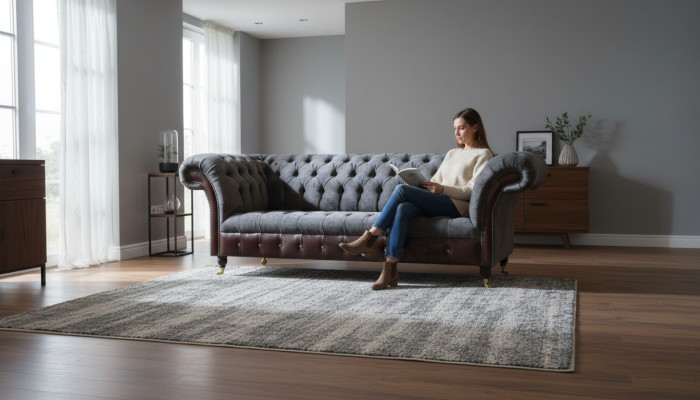 Chesterfield sofá tapizado de tres plazas en tela para la sala de estar.