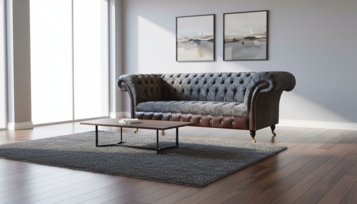 Chesterfield sofá tapizado de tres plazas en tela para la sala de estar.