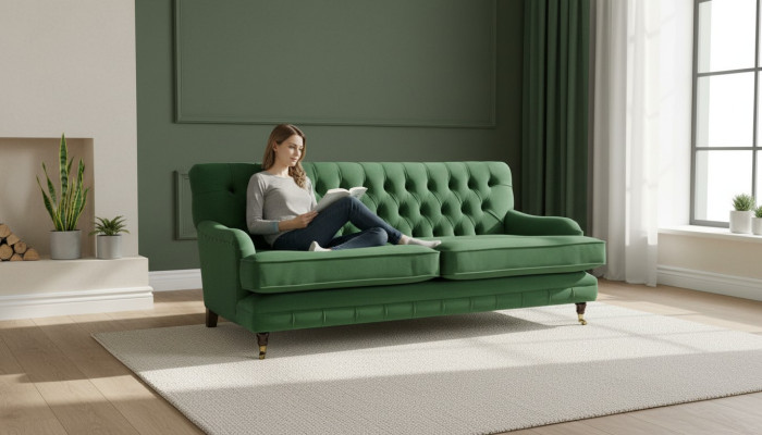 Sofá de tres plazas de alta calidad Chesterfield de diseño, tapizado en tela.