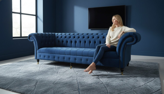 Sofá de diseño de 4 plazas tapizado en tela azul, estilo clásico Chesterfield, nuevo.