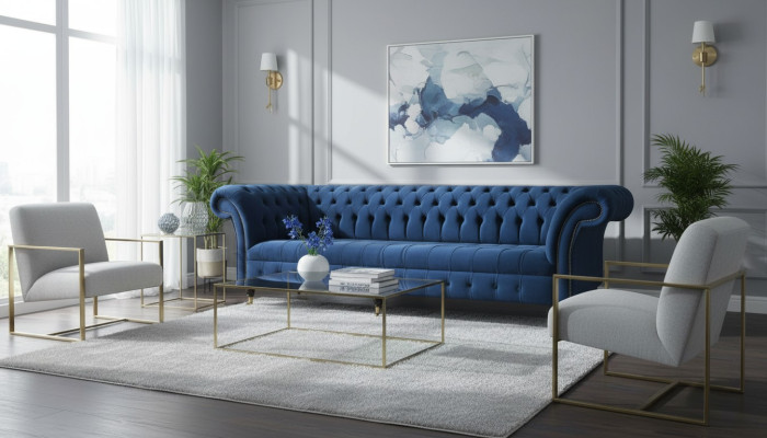Sofá de diseño de 4 plazas tapizado en tela azul, estilo clásico Chesterfield, nuevo.