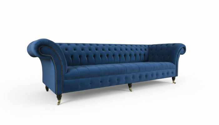 Sofá de diseño de 4 plazas tapizado en tela azul, estilo clásico Chesterfield, nuevo.