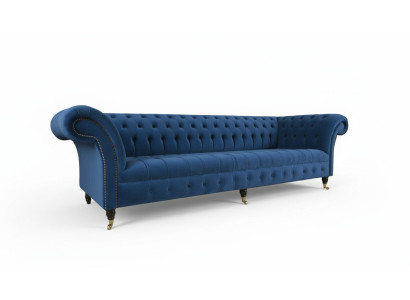 Sofá de diseño de 4 plazas tapizado en tela azul, estilo clásico Chesterfield, nuevo.