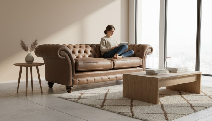 Sofá de diseño 3 plazas, tapizado en textil marrón, sofás clásicos Chesterfield nuevos.