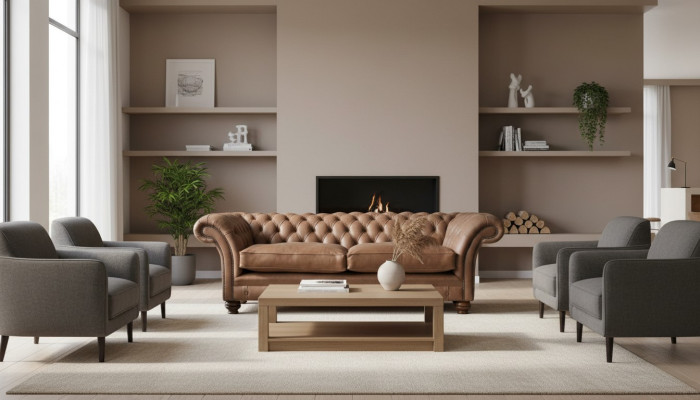 Sofá de diseño 3 plazas, tapizado en textil marrón, sofás clásicos Chesterfield nuevos.