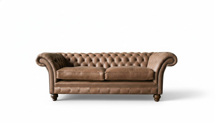 Sofá de diseño 3 plazas, tapizado en textil marrón, sofás clásicos Chesterfield nuevos.