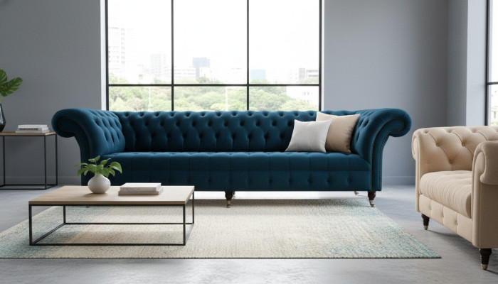 Sofá de diseño Chesterfield tapizado moderno en tela de 4 plazas con cama