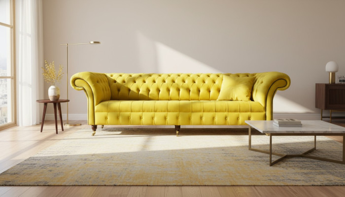 Sofá amarillo de 4 plazas Chesterfield con tapicería de cuero y tela amarilla.
