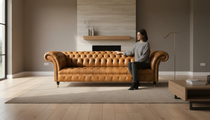 Sofá de diseño Chesterfield tapizado moderno en tela con 4 plazas para dormir, nuevo