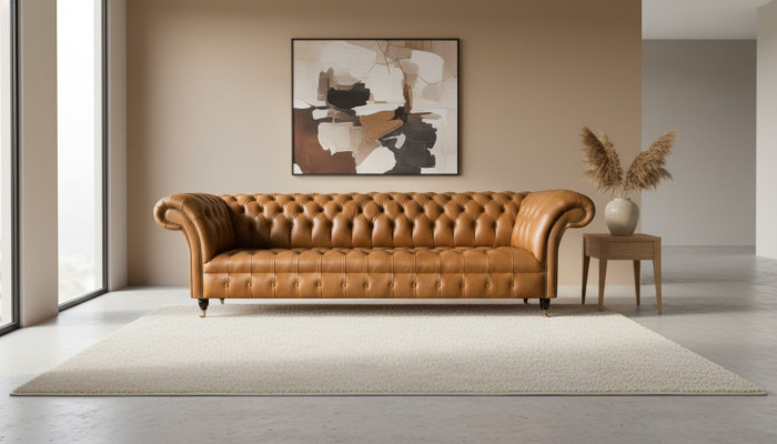 Sofá de diseño Chesterfield tapizado moderno en tela con 4 plazas para dormir, nuevo