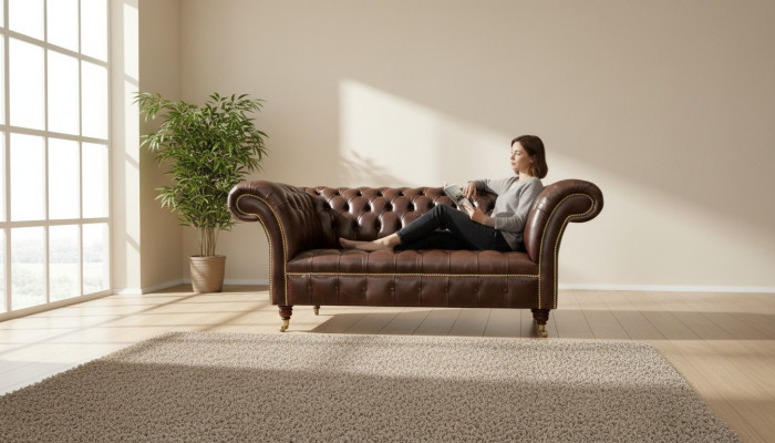 Chesterfield Sofá de diseñador de terciopelo de 2 plazas sofá Textil Cuero Marrón Nuevo