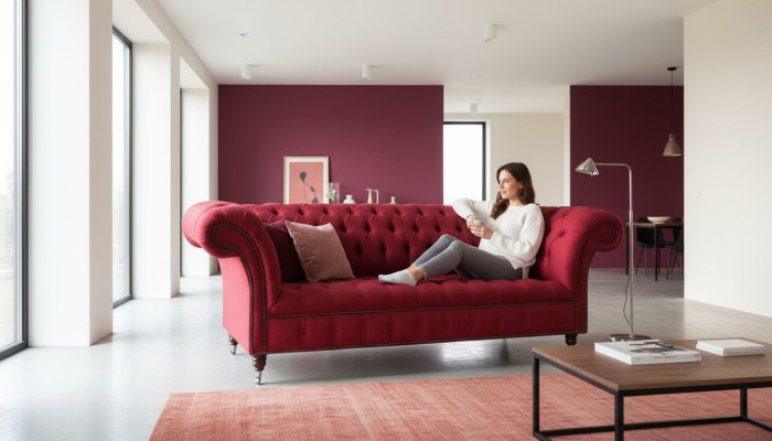 Sofá de tela de diseño de tres plazas Chesterfield de lujo en rojo