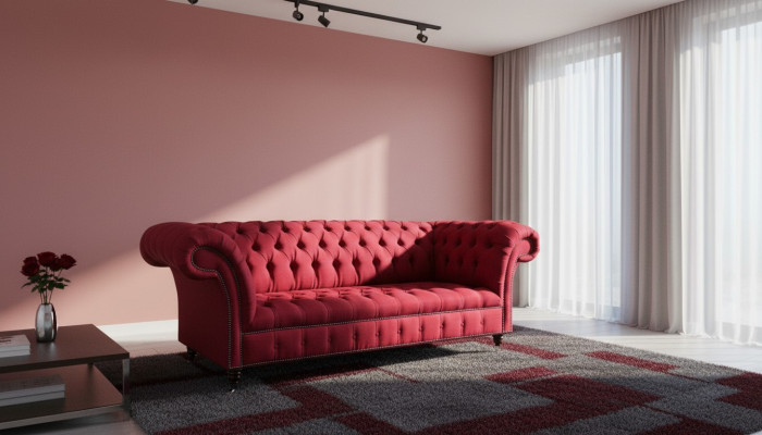 Sofá de tela de diseño de tres plazas Chesterfield de lujo en rojo