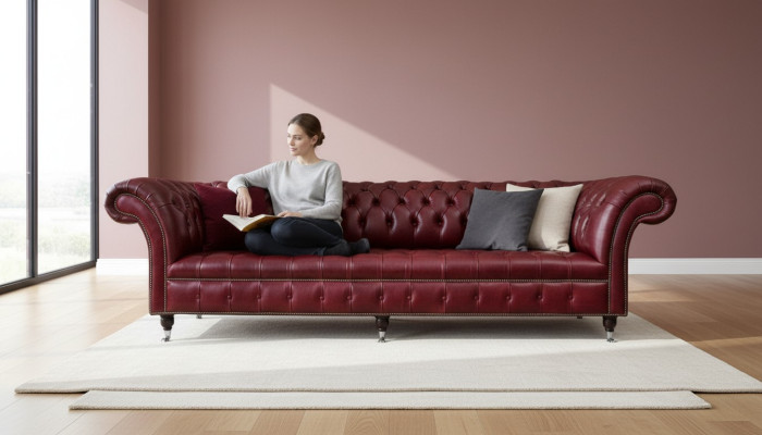 Sofá grande de color rojo Chesterfield 265cm XXL, sofá acolchado de 4 plazas de cuero y tela nuevo.