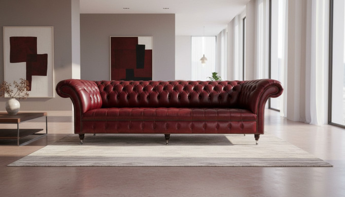 Sofá grande de color rojo Chesterfield 265cm XXL, sofá acolchado de 4 plazas de cuero y tela nuevo.