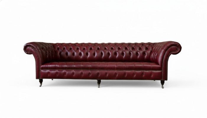 Sofá grande de color rojo Chesterfield 265cm XXL, sofá acolchado de 4 plazas de cuero y tela nuevo.