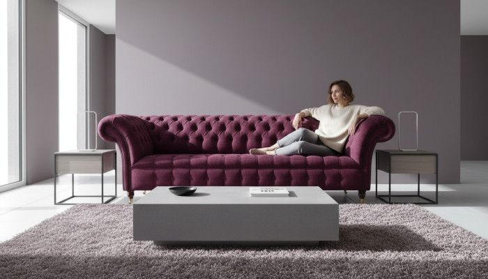 Sofá de 3 plazas Chesterfield Sofas Sofás Salón Diseño Textil Tela Borgoña