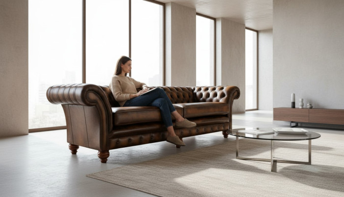 Sofá XXL de 4 plazas, sillón Chesterfield, conjunto de tapicería de cuero textil marrón.