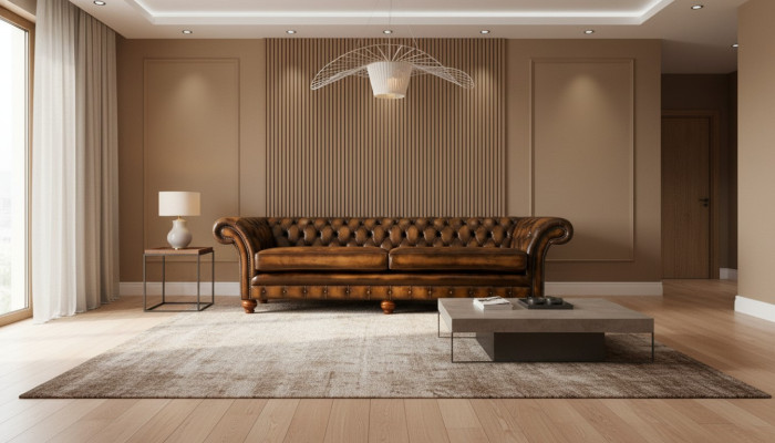 Sofá XXL de 4 plazas, sillón Chesterfield, conjunto de tapicería de cuero textil marrón.