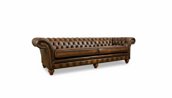 Sofá XXL de 4 plazas, sillón Chesterfield, conjunto de tapicería de cuero textil marrón.