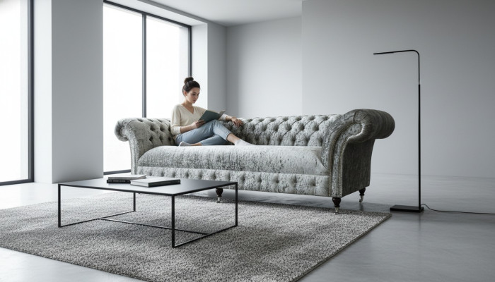 Chesterfield sofá tapizado Tela sofá sofá set de asientos terciopelo plata 4 asientos