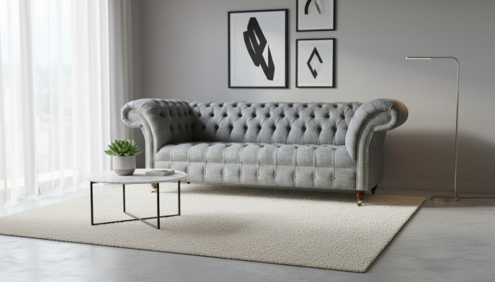 Tela Sofá Sofá Tapizado Conjunto de 3 plazas Sofás Chesterfield Gris Terciopelo