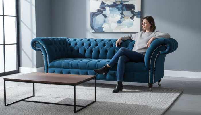 Sofá de diseñador, asiento acolchado de 3 plazas, azul, conjunto de muebles de tela turquesa, nuevo.