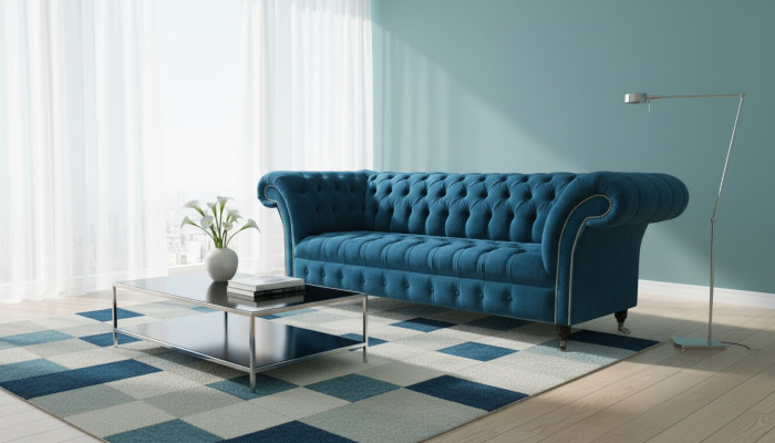 Sofá de diseñador, asiento acolchado de 3 plazas, azul, conjunto de muebles de tela turquesa, nuevo.