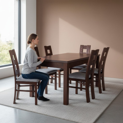 Muebles de diseñador mesa de madera silla comedor 6x sillas 7 piezas. Conjunto de mobiliario de madera maciza.