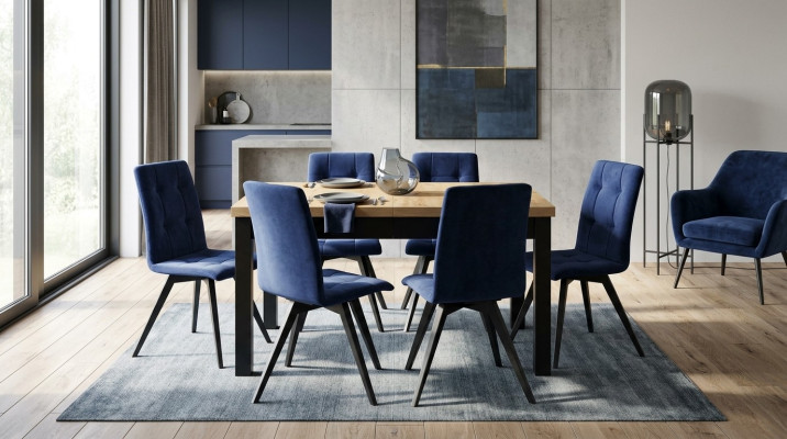 Grupo de comedor conjunto de muebles de silla tapizada de diseño de 7 piezas. Mesa + 6 sillas.