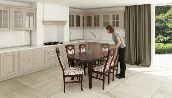 Juego de comedor moderno de 7 piezas. Conjunto clásico de mesa y 6 sillas en grupo.