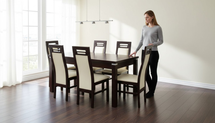 Mesa de comedor de diseño de madera + conjunto de 6 sillas, grupo de habitación de 7 piezas. Mesas nuevas.
