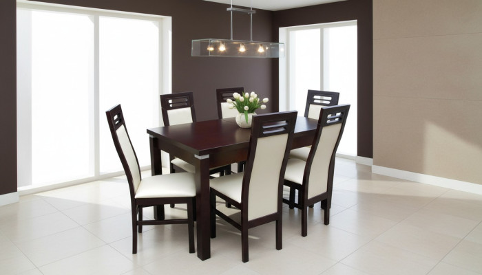 Mesa de comedor de diseño de madera + conjunto de 6 sillas, grupo de habitación de 7 piezas. Mesas nuevas.