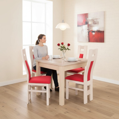 Diseño de conjunto de comedor de 5 piezas de madera con cómoda, 4 sillas y mesa, nuevo.