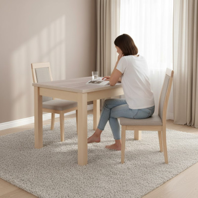 Elegante mesa de comedor con tapa de madera en color beige para comedor moderno.